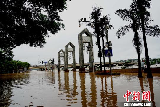 图为上涨的漓江水漫过桂林解放桥滨江路。　唐梦宪 摄