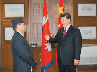 10月12日，国家主席习近平在加德满都下榻饭店会见尼泊尔联邦议会联邦院主席蒂米尔西纳。