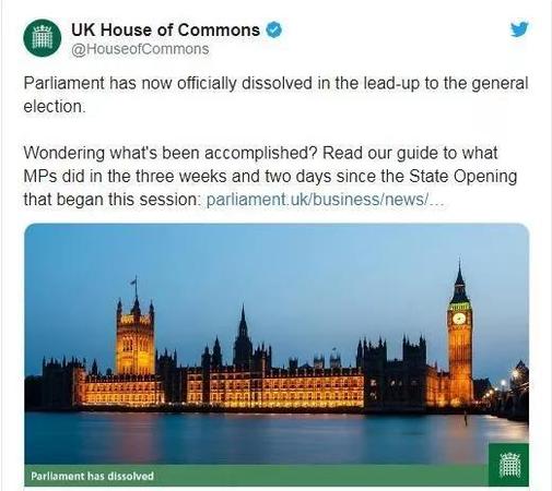 英国议会宣布解散。(图片来源：英国议会下院社交媒体账户截图)