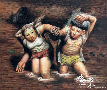 故乡组画-过河（布面油画）69x58cm-1981年-罗中立