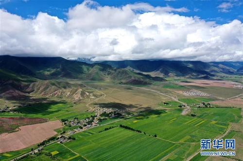 拉萨市林周县卡孜乡田园景色（7月14日摄，无人机照片）。 林周县地处西藏中部，拉萨河上游。夏日时节，这里水草丰茂，绿意盎然，河流、村落、农田组成一幅美丽的田园画卷。