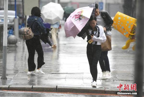 资料图：市民顶风冒雨出行。 中新社记者 张瑶 摄