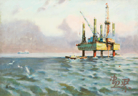 大港油田（纸本油画）54.5×79cm-1974年-戴-泽