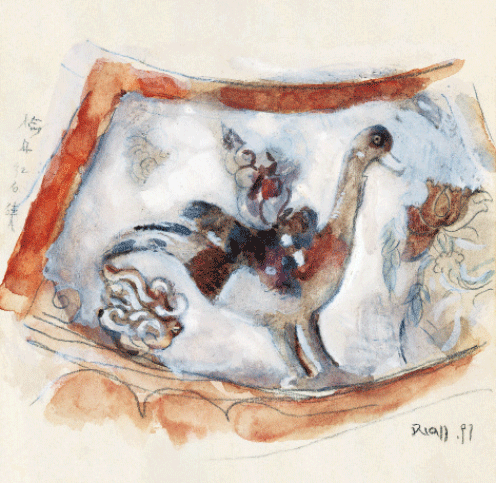 红石峡石窟藻井中的彩绘浮雕（纸本水彩、铅笔）12.5×16cm-1997年-段正渠