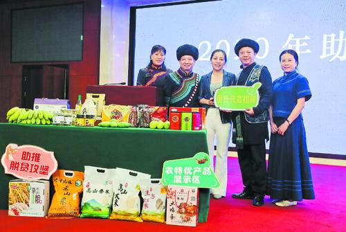 隆林各族自治县政协委员和群众代表进城推介扶贫特色产品。