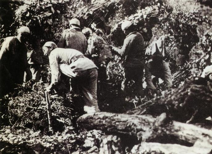 1943年张思德（左一）带领中央警卫团的战士在烧木炭。