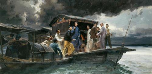 何红舟、黄发祥《启航——中共一大会议》（油画） 2009 中国美术馆藏