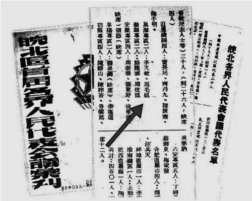 1950年3月刊登的《皖北区首届各界人民代表会议汇刊》原件（箭头处有马毛姐的名字）
