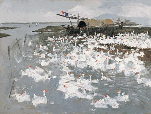 太湖鹅群（油画）44x59.5cm-1974年--吴冠中