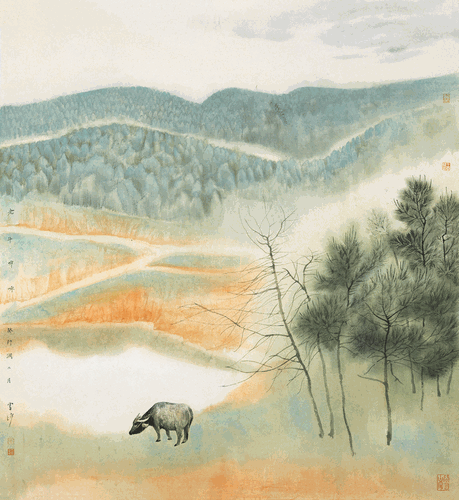 老牛哞哞（国画）98×98cm-2023年-王雪峰