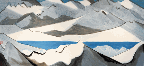昆仑山上的阴阳湖（国画）180×83.5cm-2023年-刘巨德