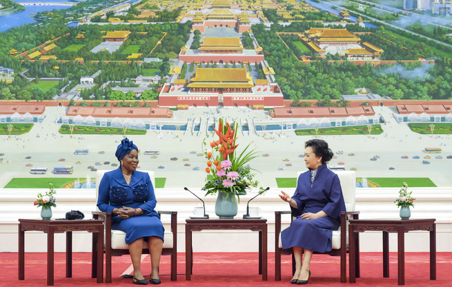 彭丽媛同赤道几内亚总统夫人康斯坦西娅茶叙