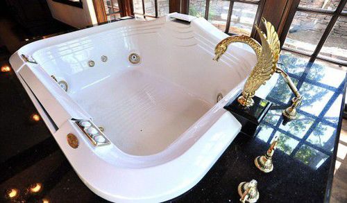 主卧中的巨大浴缸配有华丽的天鹅形水龙头，同时还可欣赏户外风景。