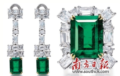 哥伦比亚祖母绿配钻石耳环及戒指。保利香港供图 
