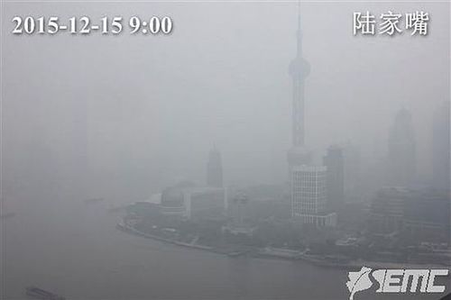 12月15日上午9时的陆家嘴被笼罩在雾霾中。