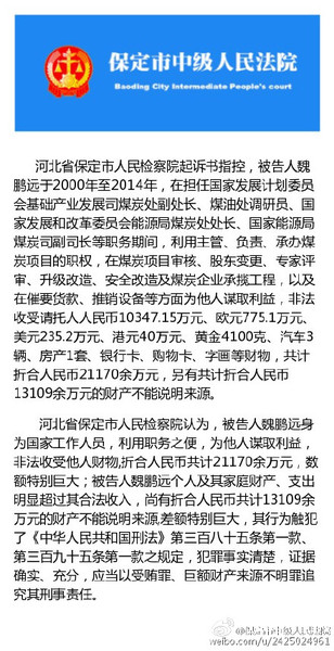 能源局原副司长魏鹏远被控受贿2亿1.3亿财产来源不明