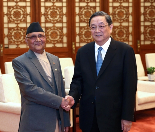 3月23日，全国政协主席俞正声在北京人民大会堂会见尼泊尔总理奥利。