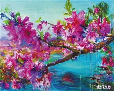 周春芽2006年作品《桃花风景系列2006——湖上艳色》。