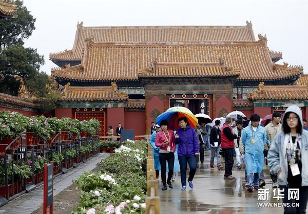 4月12日，游人在北京故宫观赏牡丹。图片来源：新华网1