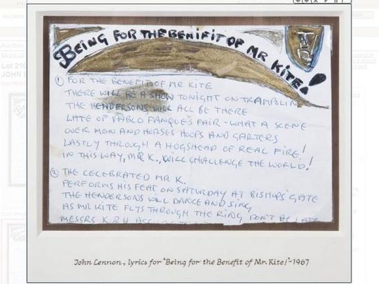 　　头士乐团成员约翰·列侬手写歌词（图）、Lady Gaga第一架钢琴，以及涅槃乐队主唱柯特·科本讨论解散乐队的愤怒信，都将成为近期一场拍卖会上最高价的项目。（图片取自朱利安拍卖公司网站 julienslive.com）