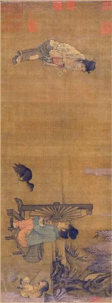 《纺车图》宋 王居正 绢本设色 纵26.1厘米 横69.2厘米
北京故宫博物院藏