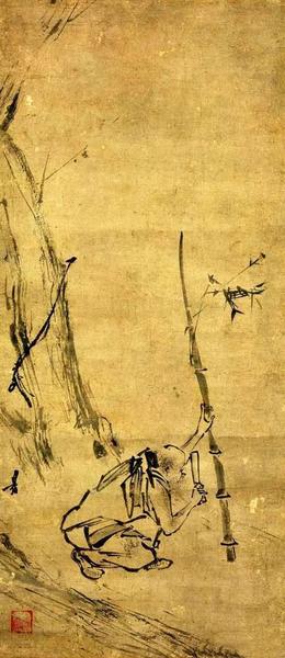 《六祖截竹图》 宋 梁揩，纸本，纵73厘米，横31.8厘米
藏日本东京国立博物馆