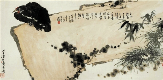 潘天寿 磐石墨鸡图 指墨 68×136.5cm 1948年