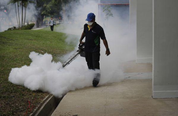 新加坡卫生防疫人员在在喷洒驱虫药。