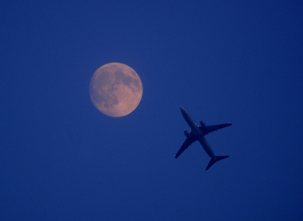 9月15日是中秋节，这是在辽宁省大连市甘井子区上空拍摄的一架飞机和月亮（二次曝光）。