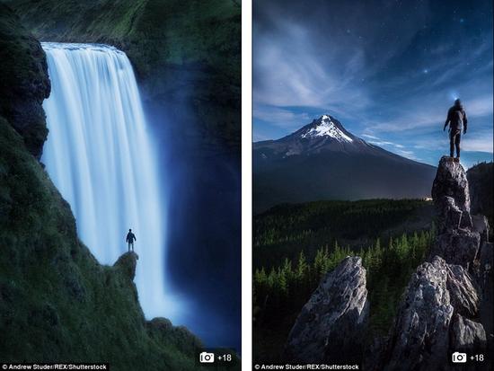 图左，冰岛瀑布；图右，俄勒冈州胡德山层状火山附近仰望星空。