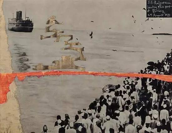 由 Brown 家族年度购藏资金赞助M+购藏当代印度艺术家多迪亚（Atul Dodiya）的作品《S. S. Rajputana leaving the port of Bombay – 29th August 1931》，图片来源：西九文化区
