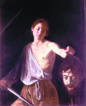 卡拉瓦乔油画作品《手持歌利亚首级的大卫》，画中歌利亚首级即画家本人形象。