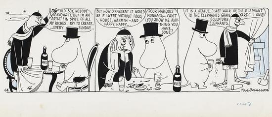 　　Tove Jansson， Comic strip Moomin on the Riviera， 1955， British Cartoon Archive， University of Kent。 Photo： Finnish National Gallery / Jenni Nurminen