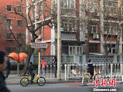 在北京街头，孩子使用共享单车，无监护人跟随。汤琪 摄