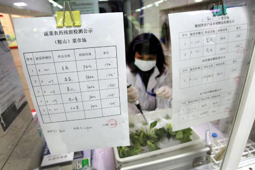 杨浦区鞍山菜场“快检室”内，一位检测员正在对蔬菜样品进行农药残留指标试纸检测，相关检测结果每天公示。