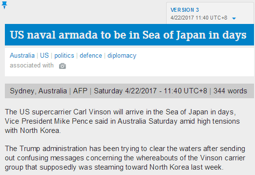 美副总统：卡尔文森号航母将在数日内抵达日本海