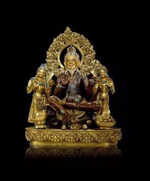 西藏17世纪大成就者萨惹哈组像 紫、 黄双色俐玛嵌金、 银及宝石， 局部鎏金 泛亚旧藏 