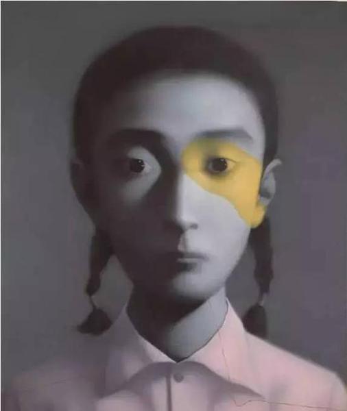 张晓刚，《穿粉红色衬衣的女孩》，布面油画，200 x 160cm，2006年
