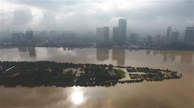 7月2日，湘江长沙站水位超过历史最高水位，图为长沙橘子洲景点被淹没。 新京报记者 王飞 安钟汝 摄影报道