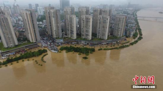 7月3日，因受连日暴雨影响，广西柳江河柳州段出现超警戒水位。图为被水淹的柳州市滨江东路。 王以照 摄
