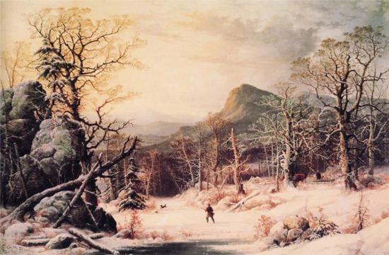 亨利·杜里，《冬季在森林里打猎的猎人》，1860年