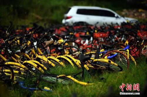 9月9日，现场堆积如山的共享单车。<a target='_blank' href='http://www.chinanews.com/'>中新社</a>记者 李进红 摄