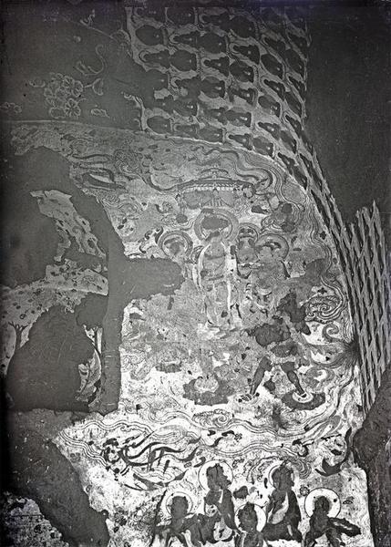 图4 库木吐喇窟群区第16窟主室正壁左侧局部（据柏林亚洲艺术博物馆编号B 1220和B 0086历史照片反向倒置）
