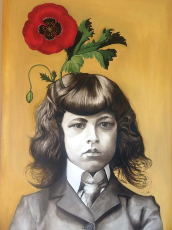 Marianna Gartner ，Boy with flowers for brains 3， Oil on canvas， 183x122cm ，2017玛丽安娜·加特纳 《男孩与花3》油画 183x122cm 2017