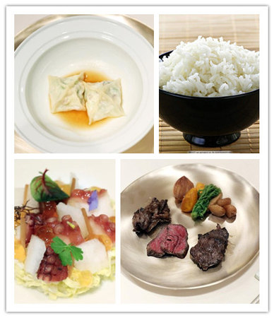 左上：黄姑鱼海参水饺 右上：鸭田米饭 左下：凉拌章鱼 右下：炭烤牛肉