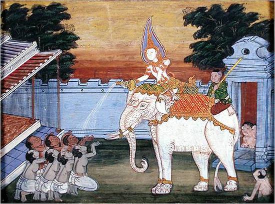 东南亚须大拏故事画中的施舍大象场景图