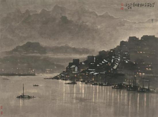 《重庆夜景》 宗其香 水墨设色 41× 55.5 cm 1944年