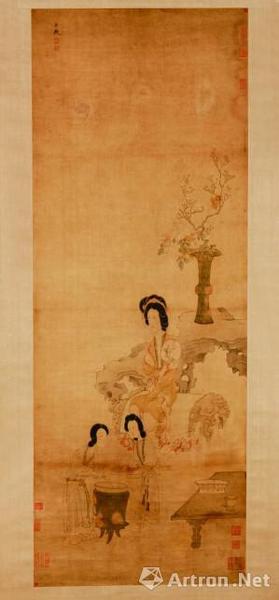 《明 陈洪绶调梅图轴》。画中我们可以看到前面有两名婢女正在调制梅酱