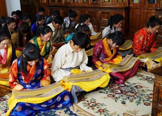 西藏藏医学院的学生正在研读记载着藏医药浴法相关知识的《四部医典》