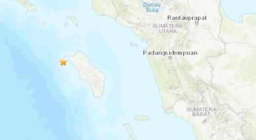 印尼西部附近海域发生5.0级地震。(图片来源：美国地质勘探局网站截图)